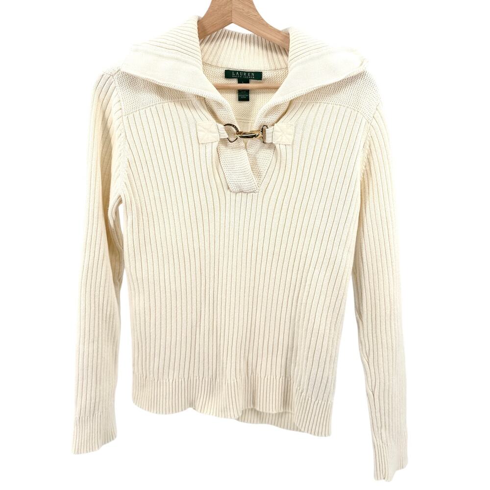 Lauren Ralph Lauren Cream 100% Cotton Ribbed Clasp Sailor Collar Sweater